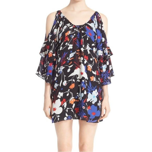 Parker 100% Silk Floral Cold Shoulder Tiered Sleeves Mini Dress Black Blue Small - Picture 4 of 12